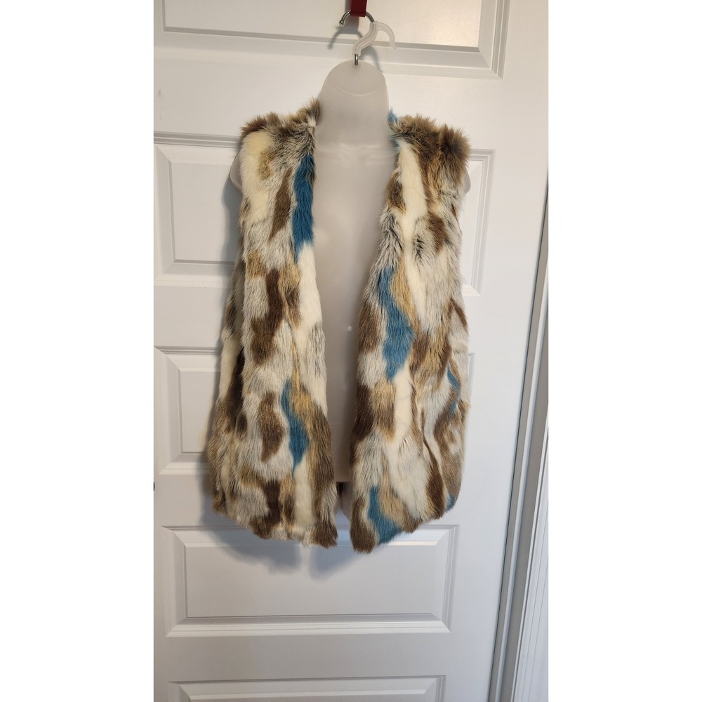 Luxe Patchwork Faux Fur Vest Soft Sleek Brown Blue Multi Mob Wife Aesthetic S - Picture 2 of 10
